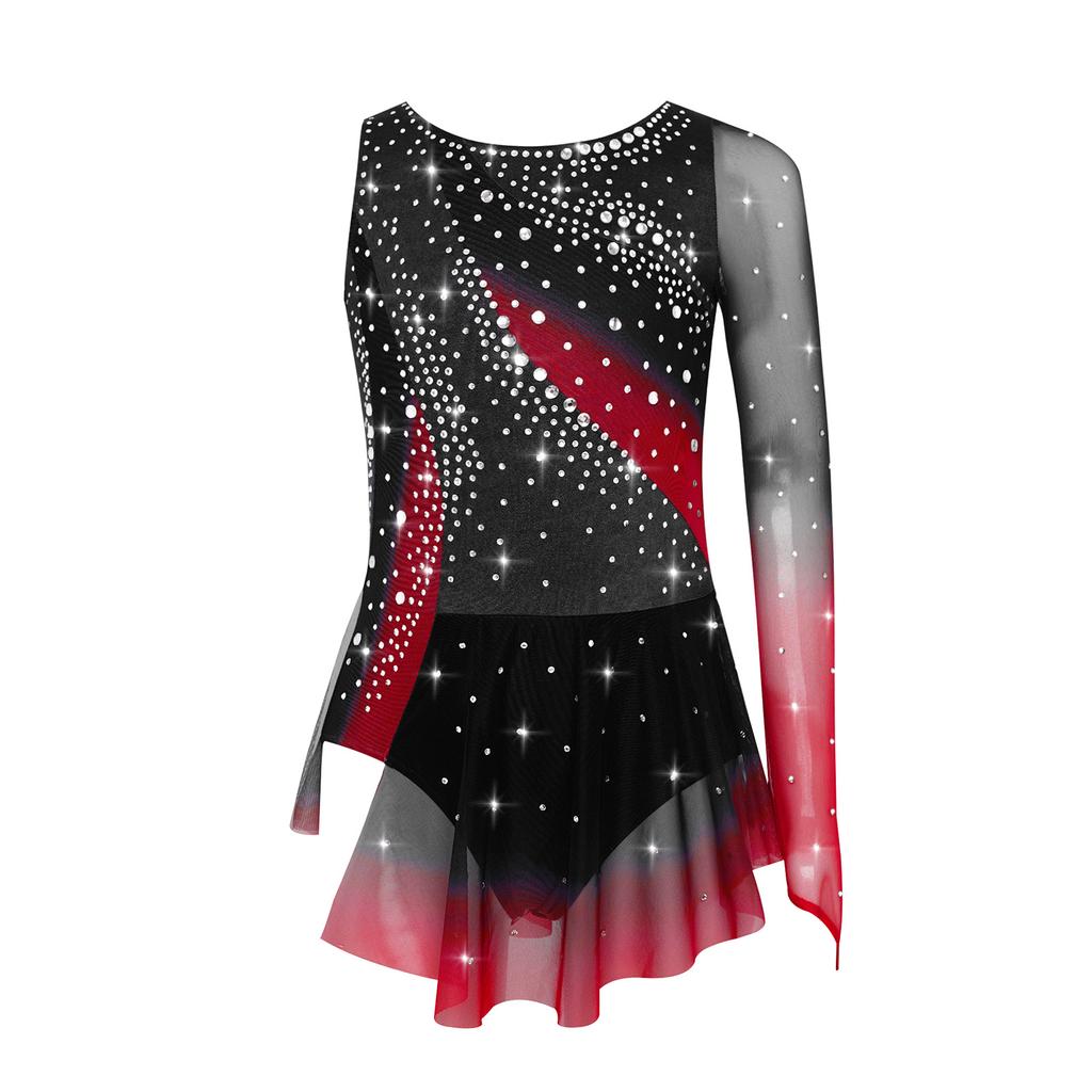 Girls Modern Lyrical Dance Dress High-Low Tulle Split Rhinestone Ballet Gymnastics Leotards Figure Skating Performance Costume