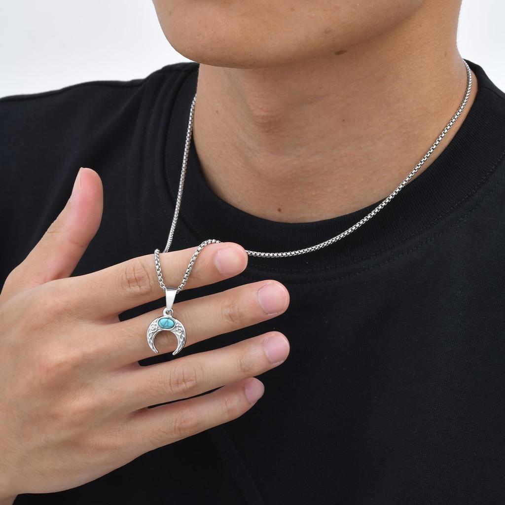 Turquoise Moon Pendant Necklace for Men Boys,Silver Color Stainless Steel Collar,Ethnic Retro Gift