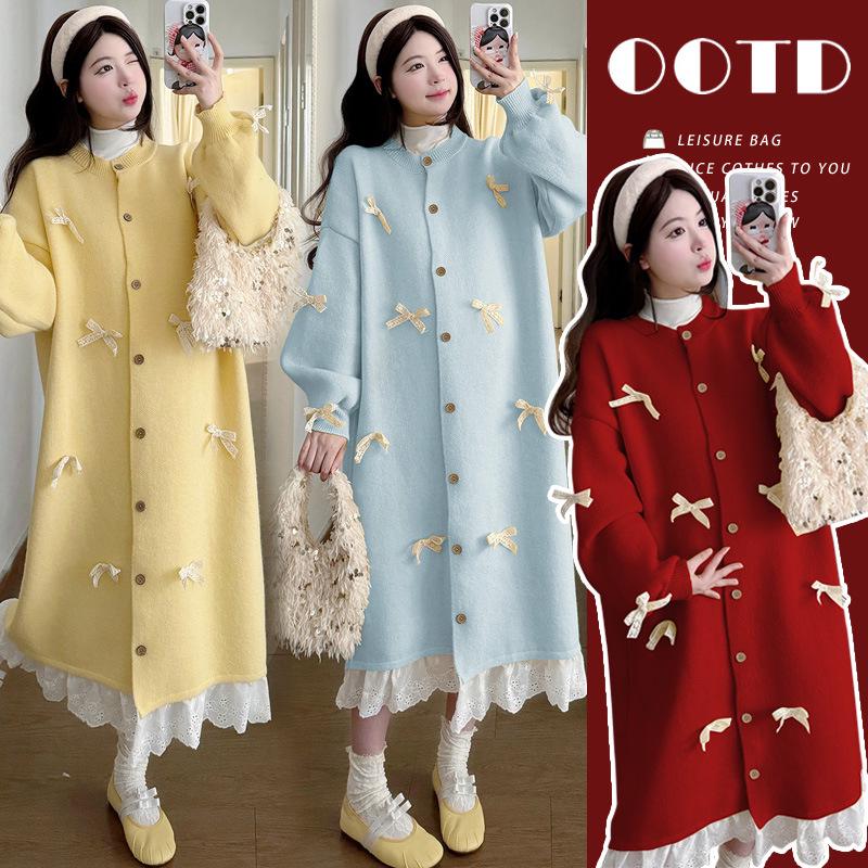 2025 Stylish Winter French Bowknot Sweater Coat + Cozy Base Layer Maternity Set Medium
