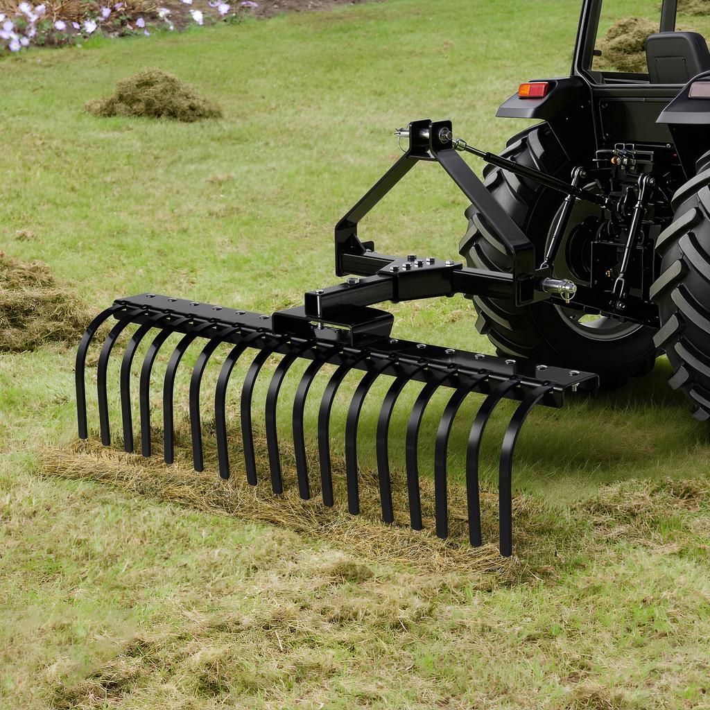 VEVOR 127 Cm Lanscape Rock Rake, 3-Point Tow Behind Landscape Rake with 17 Steel Tines, Fit Category 1 Tractors, Angle Adjustable