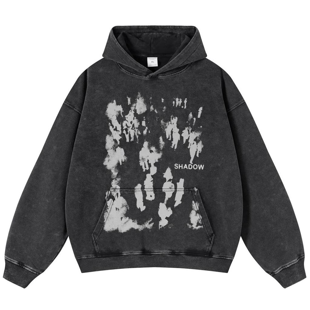 Streetwear Shadows Graphic Washed Black Oversex Unisex mikina s dlouhým rukávem