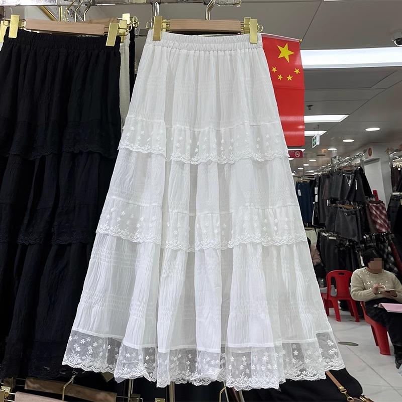 2025 new gentle wind white lace cake skirt women's summer high waist pendulum A-shaped skirt long skirt