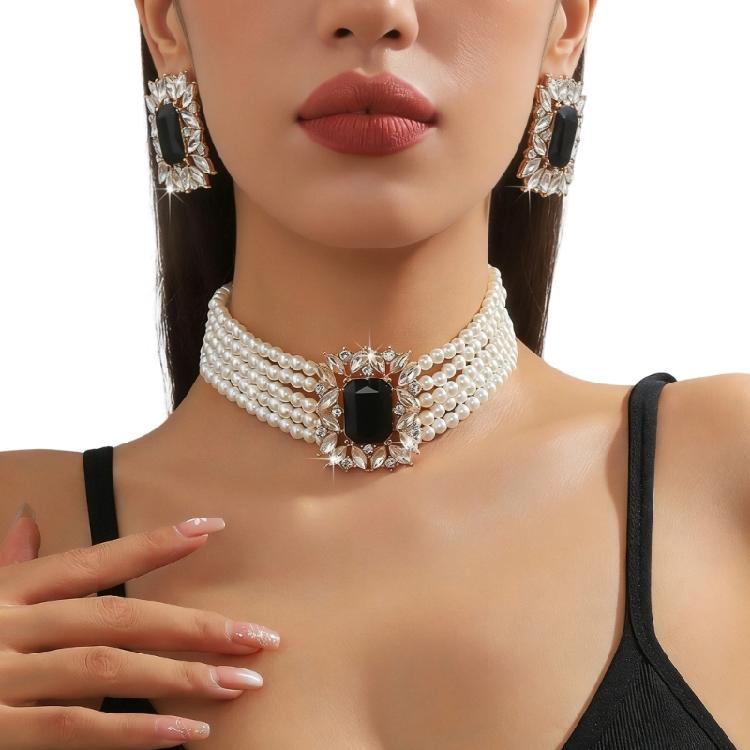 Modern Multi Strand Imitation Pearls Beads Necklace Paired With Crystal Drop Earrings Set Party Wear Geometric Jewelry чёрный