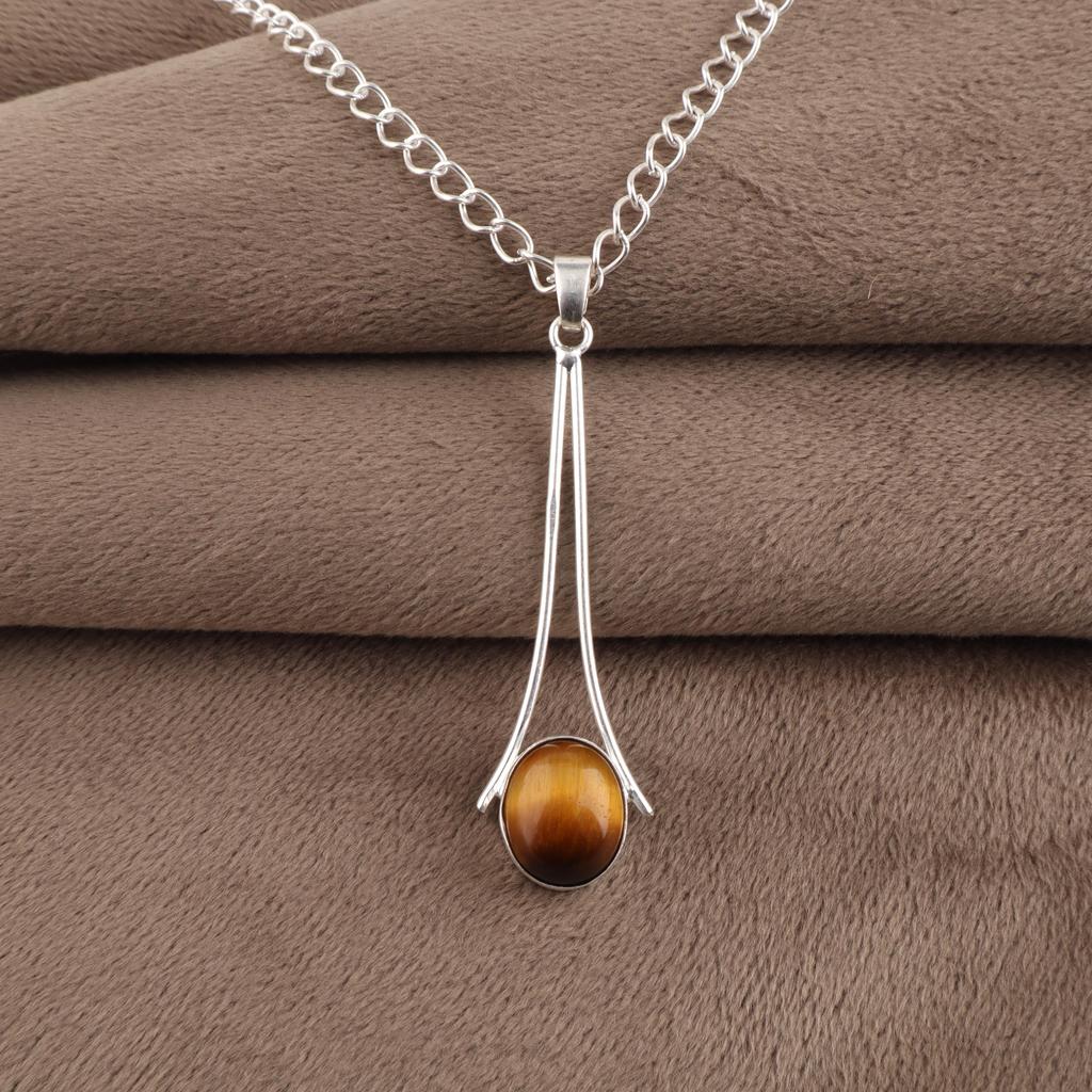 Yellow Tiger's Eye Gemstone 925 Sterling Silver Handmade Jewelry Designer Long Pendant 1.79" For Her PP-69-30