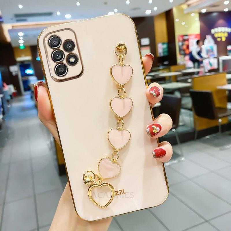 Fashion Plating Love Heart Náramek Řetízkové pouzdro pro Samsung Galaxy A53 A33 A73 A23 A13 A32 A52 A52S 4g 5g Band Cover On A 53 52 S