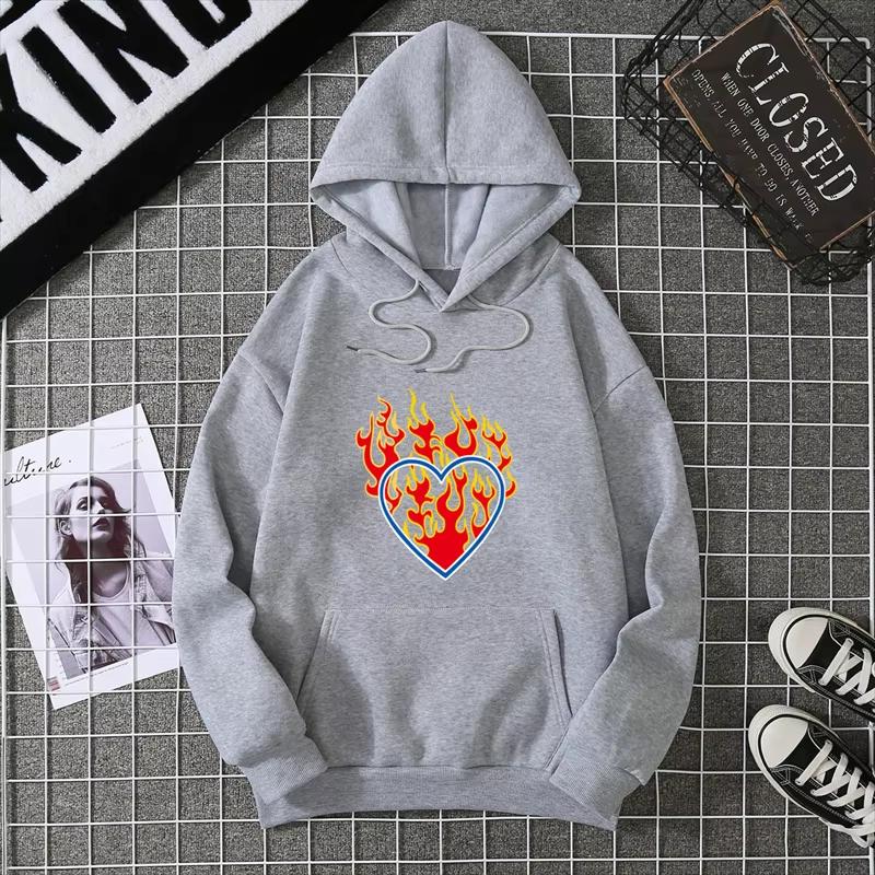 2025 Love Fire Graphic Print Hoodie Pure Cotton High Quality Loose Shoulder Hooded Sweater Trend New Fashion Sweatshirt CYXX291