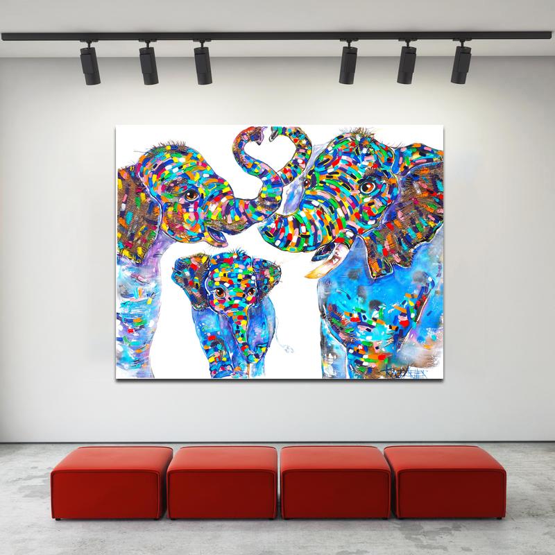 Watercolor Elephant Family Canvas Painting Wall Art Animal Poster For Living Room Canvas Art Print Blue Color  No Frame