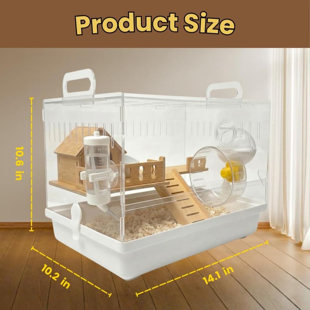 Clear Acrylic Hamster Cage Habitat, 2-Tier Small Animal Mouse Habitat with Wheel, Hideout & Accessories, Transparent Cage Hamster Starter Home