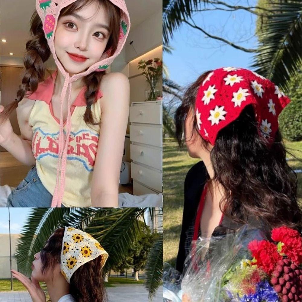 French Pastoral Style Triangle Headband Knitted Handmade Crochet Headscarf Hat Daisy Flower Flower Strawberry