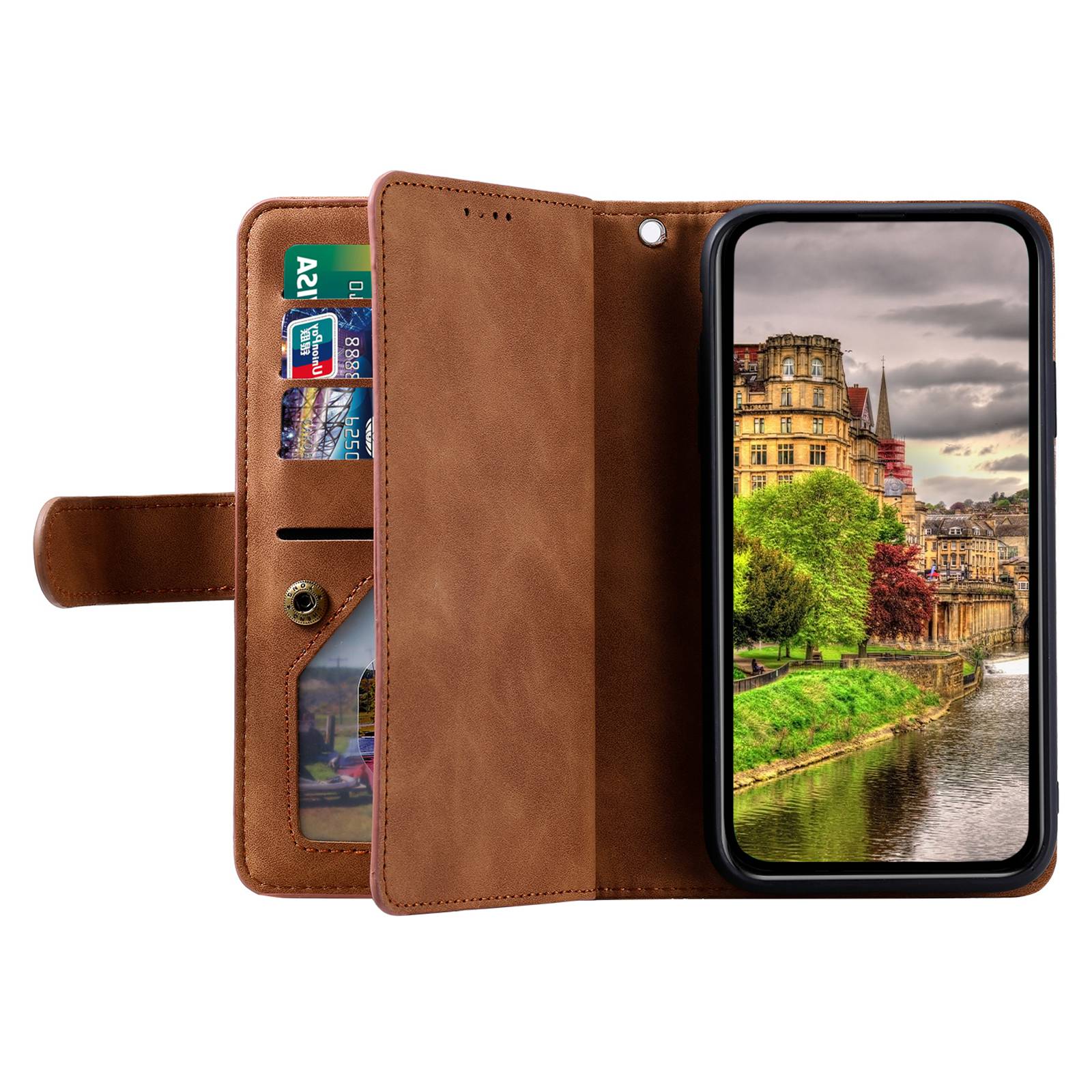 

For iPhone 14 Pro 6.1 inch Zipper Pocket Design PU Leather 9 Card Slots Case Magnetic Closure Hands-free Stand Wallet Cover with Strap Brown