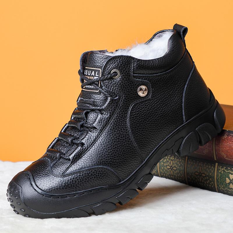 

Winter leather cowhide wool men s cotton shoes warm casual leather shoes high top velvet middle-aged dad men s shoes leather shoes 38