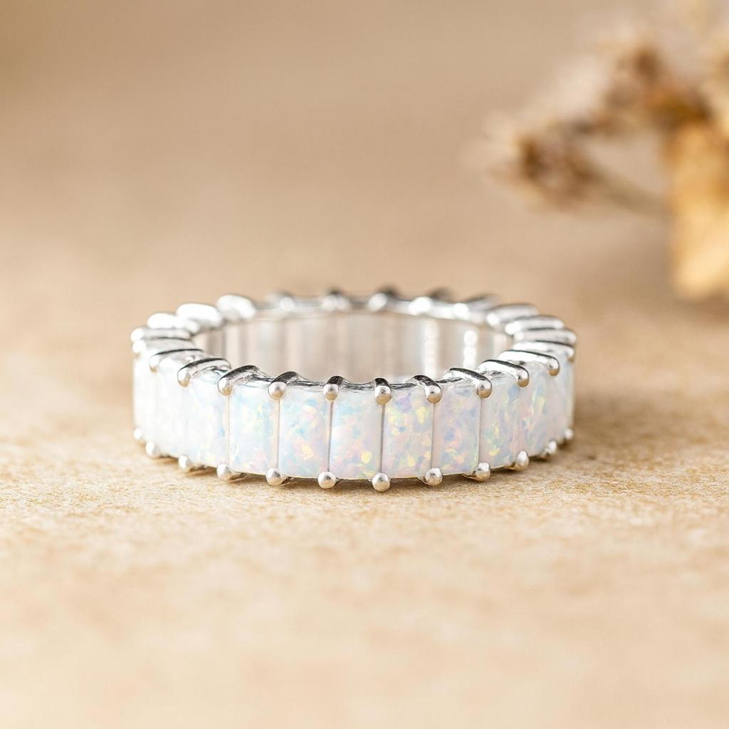 Baguette Opal Eternity Band Ring for Women – 925 Sterling Silver Stackable Wedding Anniversary Ring Jewelry Gift