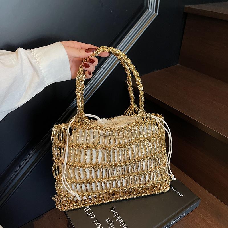 2025 summer new gold and silver thread bracelet hook hollow woven bag fashion trend vacation beach portable shoulder bag