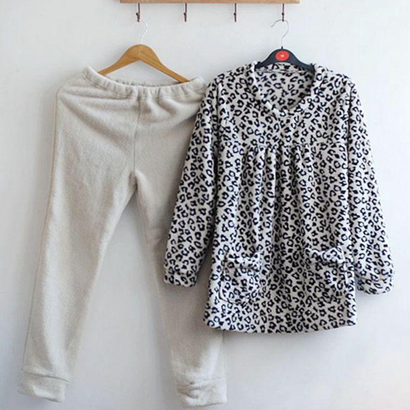 

Special Offer Women Patchwork round Neck Soft Coral Velvet Pajamas Gray leopard print S