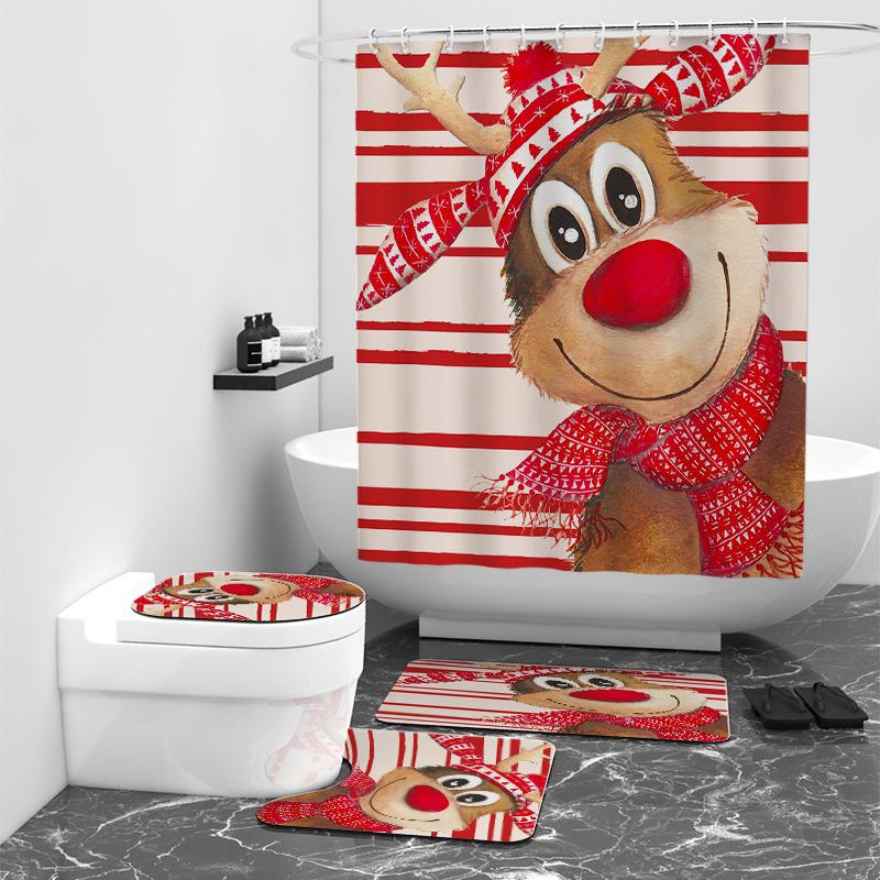 3D Digital Printing Shower Curtain Christmas Elk Bathroom Curtain Shower Curtain Set Thickened Bathroom Curtain Floormat40x60cm
