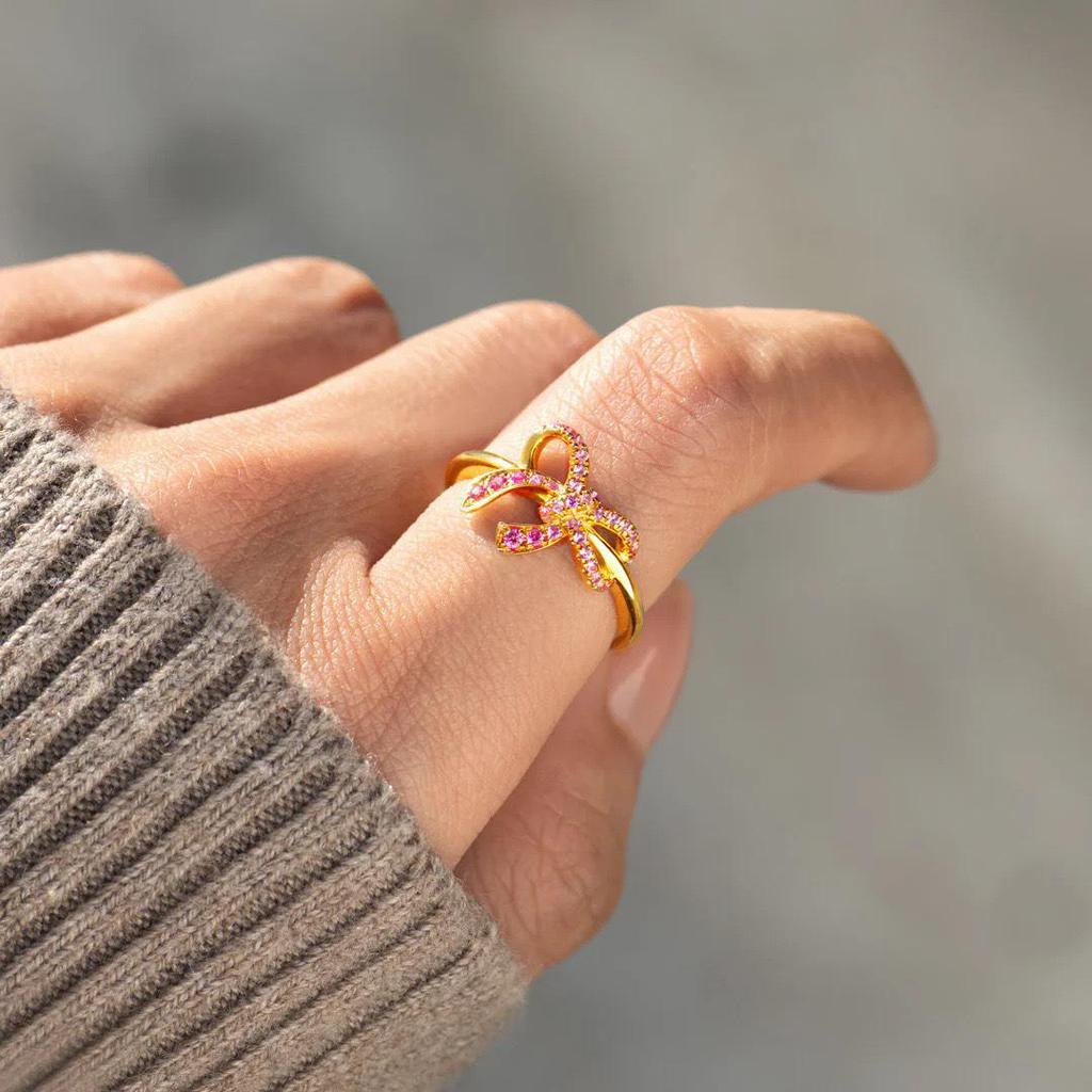 S925 Sterling Silver Bowknot Ring with Inlaid Pink Diamonds - Women's Luxury European & American Style Index Finger Jewelry