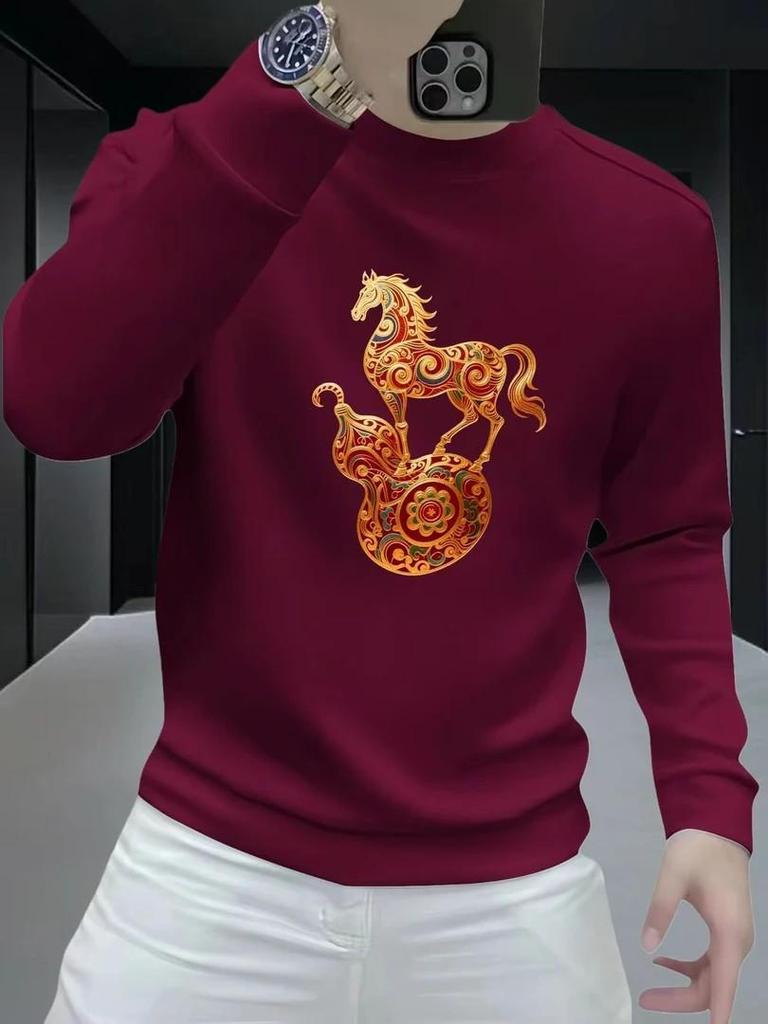 Men's Heavyweight American Style Round Neck Sweatshirt - Spring/Autumn, Long Sleeve, Loose Fit, Plus Velvet for Extra Warmth