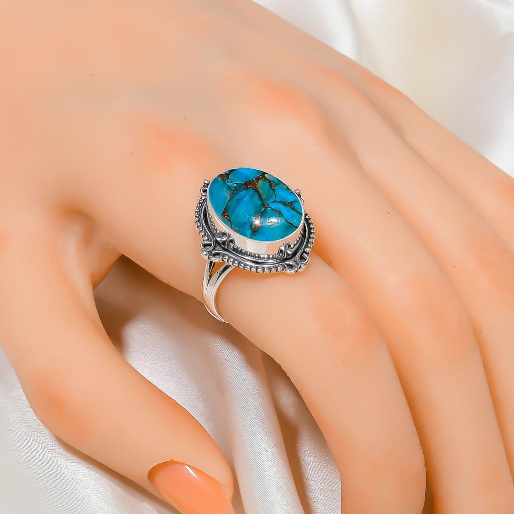 Copper Blue Turquoise 925 Sterling Silver Ring V4571, Blue Ring, Oval Ring, Valentin's Day Gift, Gift For Her, Birthday Gift, Handmade Jewelry, Silver