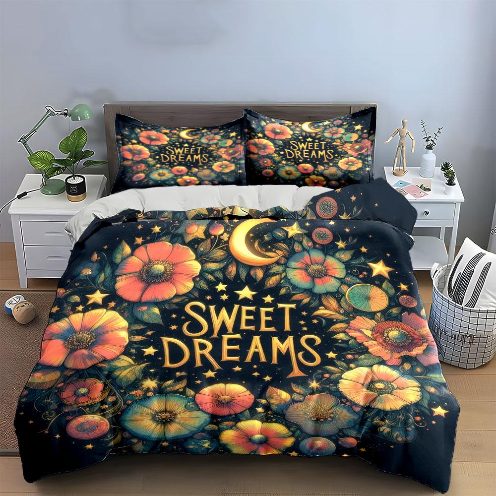 "Floral Moon Night Decor Set" Bedding Set with 1 Duvet Cover 2 Pillowcases Single Double King Queen, Gift