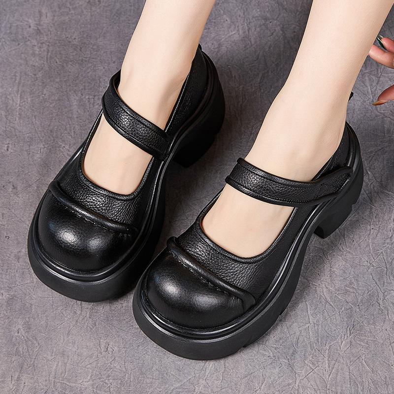 Fashion GKTINOO Retro Thick Soled Pumps Genuine Leather Wedges Shoes 2025 New Round Toe Versatile Women's Platform Shoes
