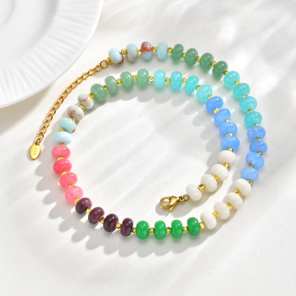 Boho Colorful Natural Stone Necklace for Women, Stainless Steel OT Buckle Rainbow Bead Choker Necklace ,Summer Handmade Jewelry