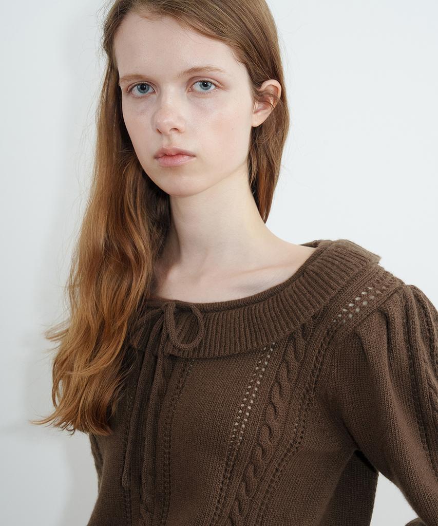SINOON Ruffle Cable Knit Pullover (Brown)