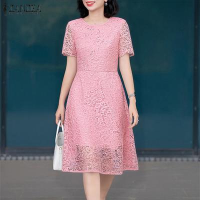 Women Casual Round Neck Summer Short Sleeve Patchwork Crochet Dress