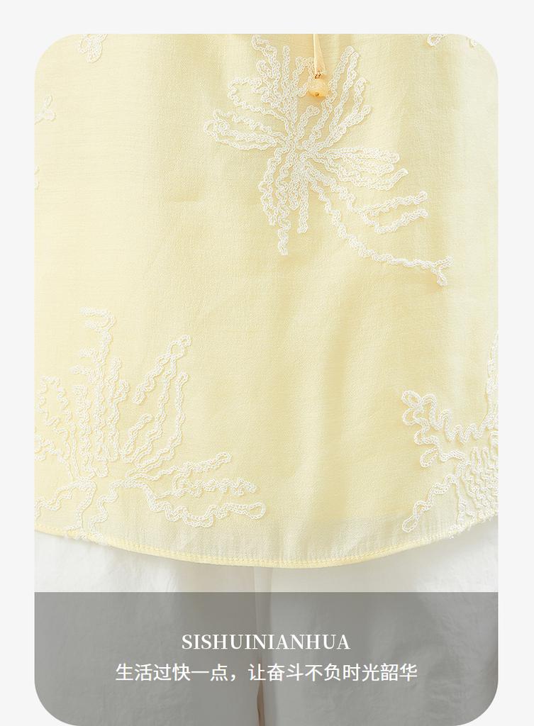 Elegant and slim round neck lace up embroidered short sleeved shirt top