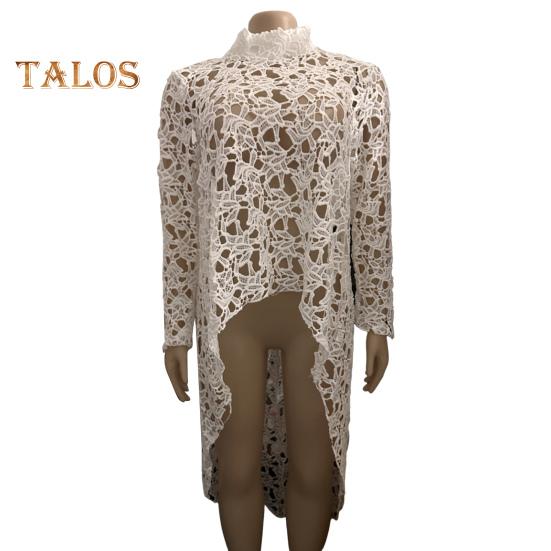 Dámská dlouhá top s výřezem, nepravidelná háčkovaná krajka, květinový patchwork, průsvitná krátká přední a zadní halenka s polovičními výstřihem a dlouhým rukávem