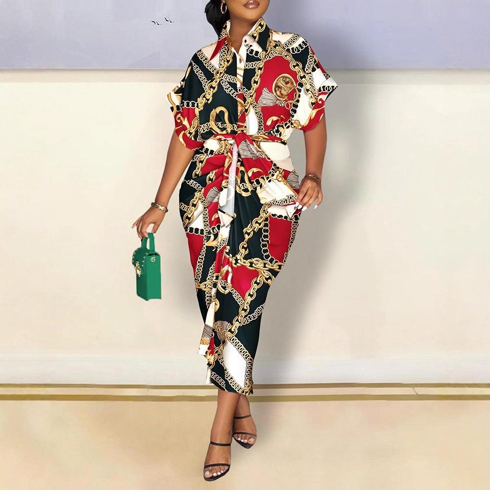 Autumn Long Sleeve V-Neck Button Print Shirt Dress Long Dress Women