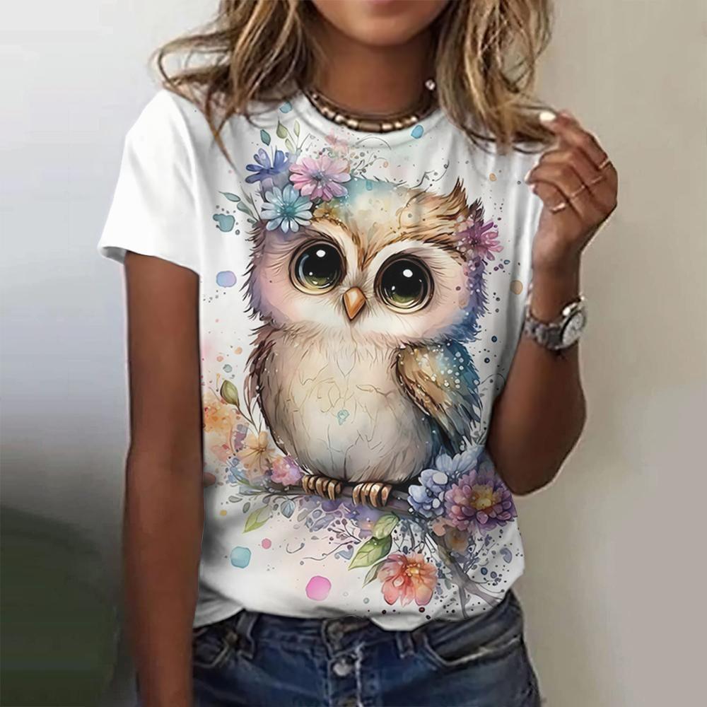 Summer Round Neck 3D Print Owl Pattern Top Fashionable Casual Short Sleeved Women's T-shirts
