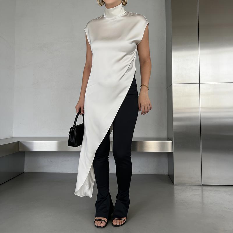 Satin Sleeveless Long Dress Women Solid Irregular High Neck Party Dresses Spring Luxury Women'S Evening Dresses Vestidos