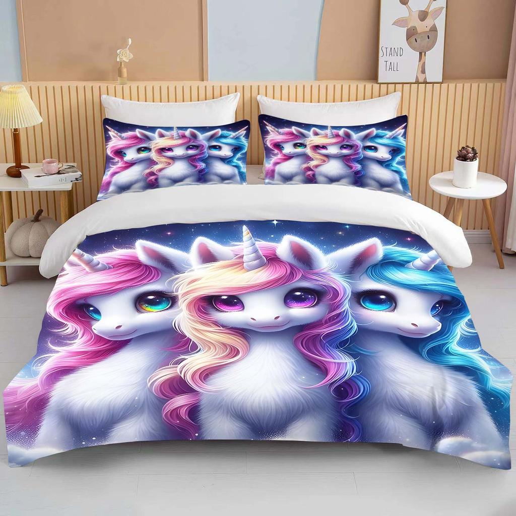 Cute Cartoon Unicorn Print Bedding Set Duvet Cover 1 Duvet Cover 2 Pillowcases Adult and Children Bedding Set Luxury Grils Gift