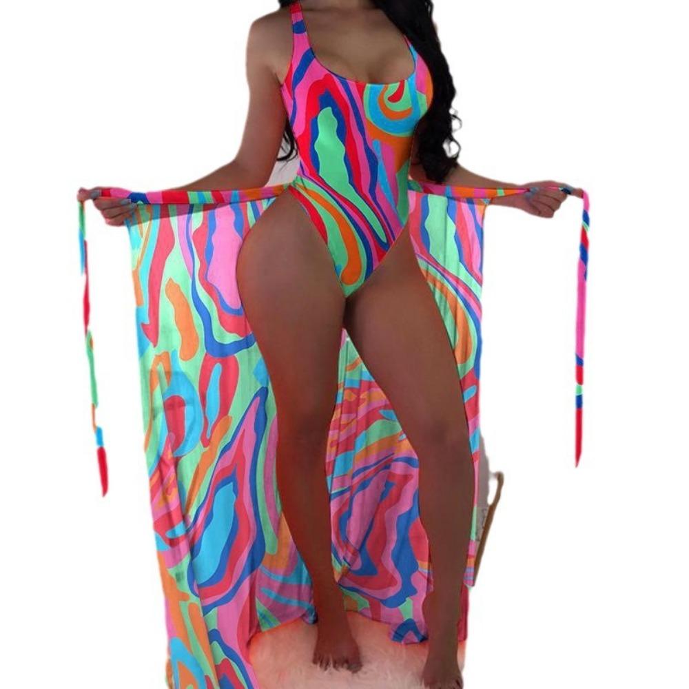 European and American Swimsuit Women's Three-piece Mesh Blouse Contrasting Color Printing Bikini