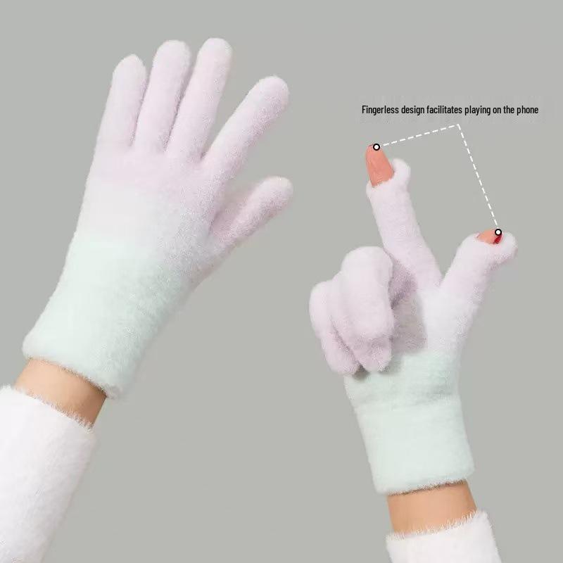 Women's Winter Fingerless Touchscreen Gloves - Warm Fleece-Lined, Gradient Design for Cycling and Gaming