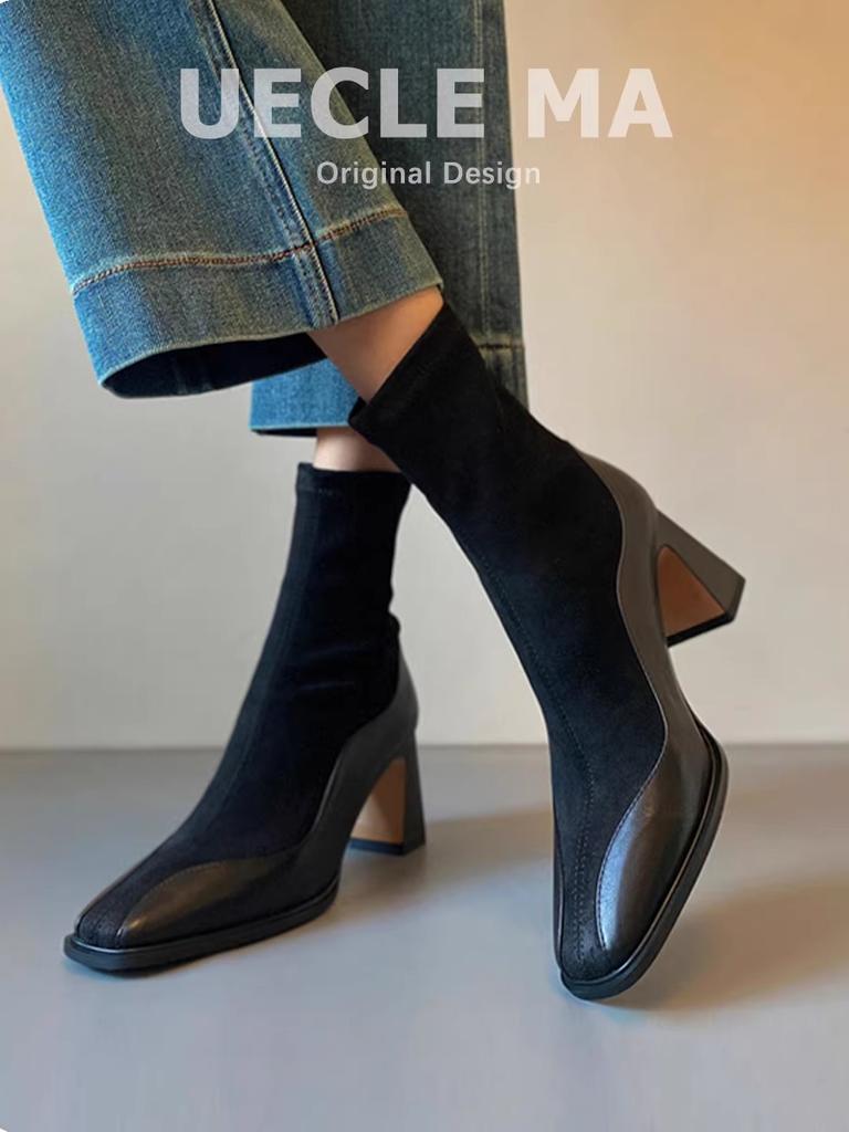 Cowhide~ Genuine leather short boots women's new autumn and winter thick heel Martin boots Chelsea thin boots French high heels autumn and winter