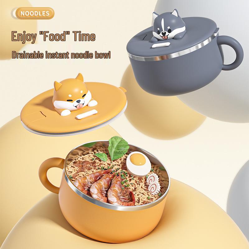 304 Stainless Steel Instant Noodle Bowl with Lid & Water Filter, Cute Large Fast Food Gift Cup for Students.