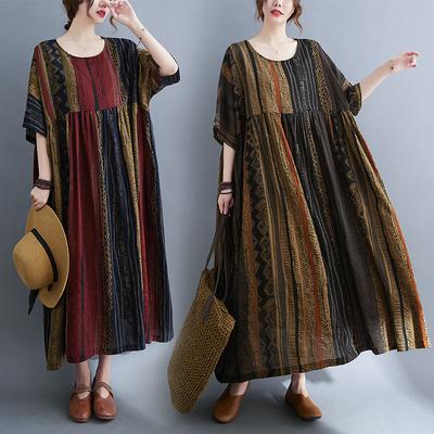 Women Dress Summer Plus Size Beach Sundress Linen Bohemian Print Flowers Fashion Lady Vestidos Loose Casual Long Dress Oversize