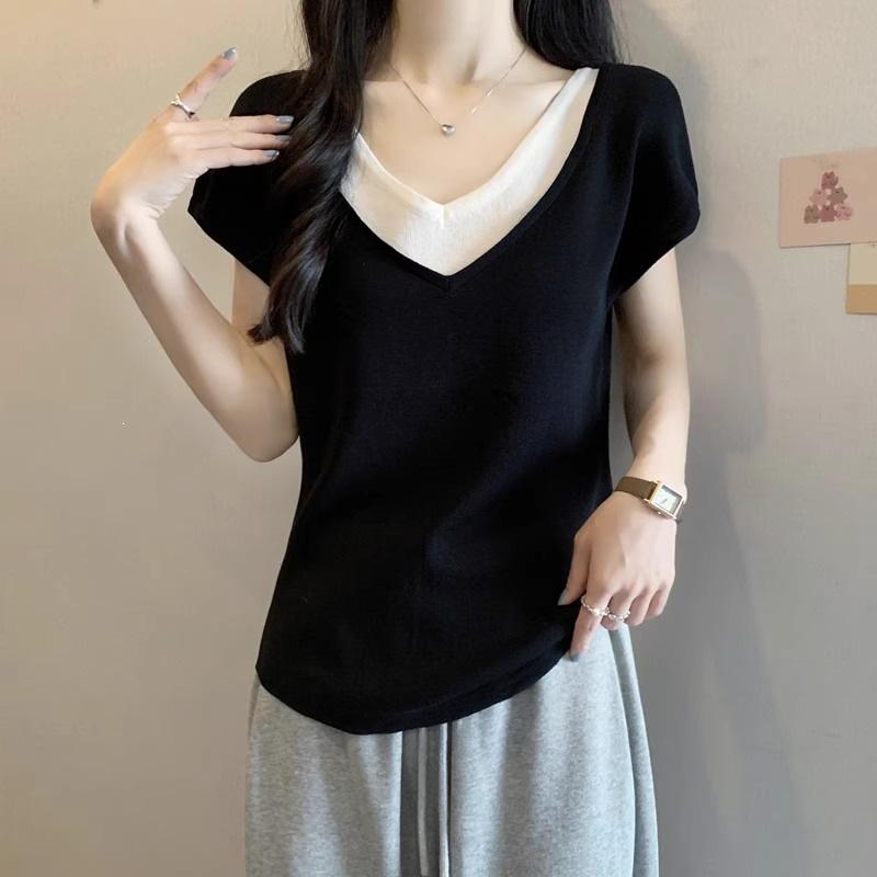 2026 Spring Women's Short-Sleeve Faux Two-Piece Ice Silk Top - Flattering Cover-Up T-Shirt for Summer