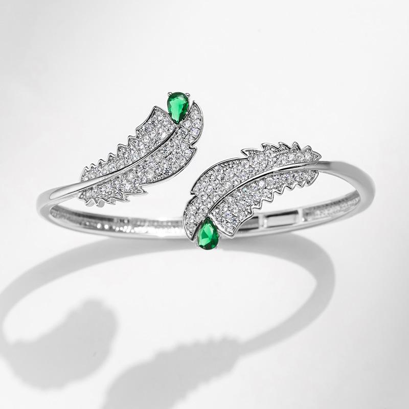 Ancient Emerald Feather Wing Bracelet Micro-paved Zircon High-end Bracelet One Size(18CM~21CM)
