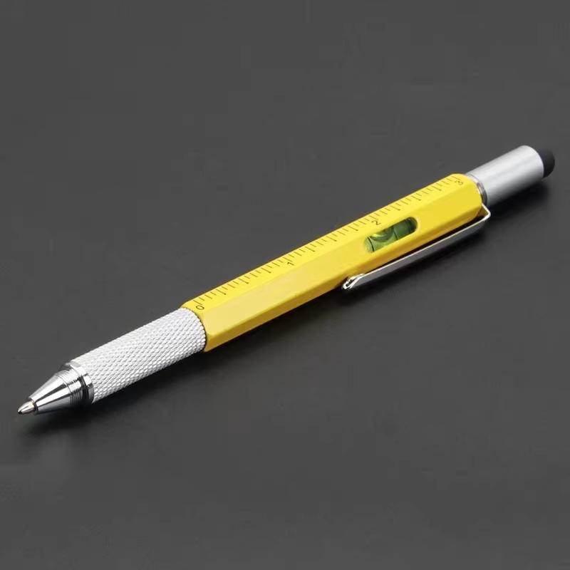 6 In 1 Multifunctional Metal Ballpoint Pen with Stylus Ruler Level Screwdriver for Woodworking Repair Jobs