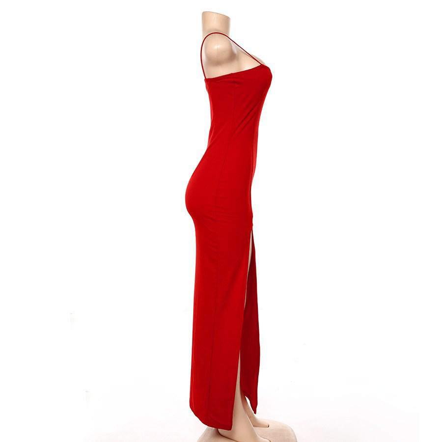 2026 European & American Fashion Slim Waist-Cinching Solid Color Slit Spaghetti Strap Dress for Women