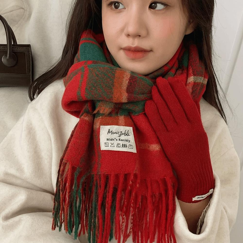Warm Sweet Plaid Wool Scarf Tassel Red Long Shawl New Year Solid Color Cape Wraps Autumn Winter