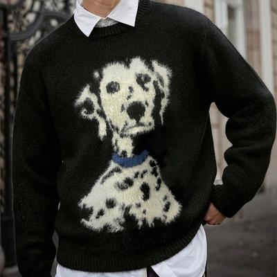 Pull en maille polaire pour homme Motif Chien Noir Coupe ample Col rond Chaud Hiver