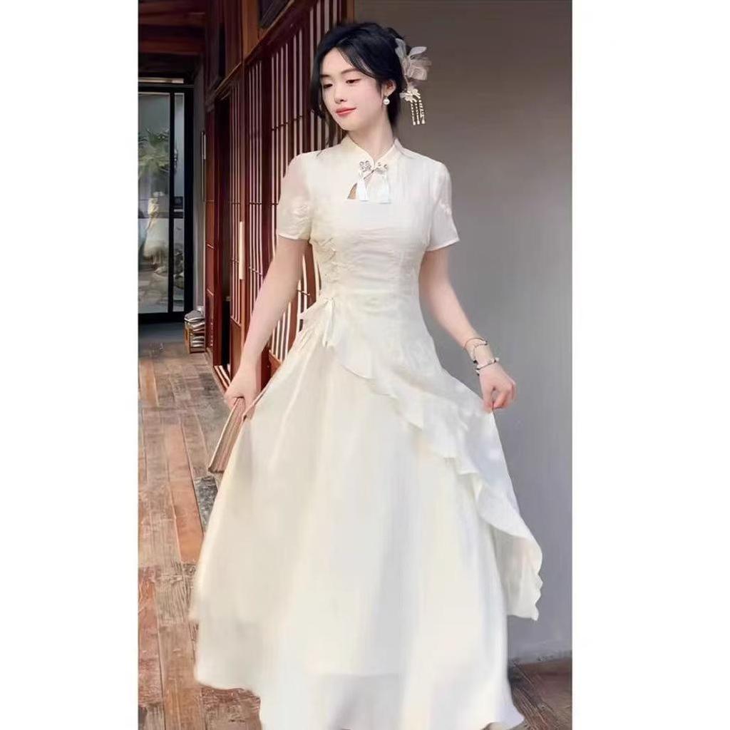 Elegant Summer Qipao with Irregular Ruffle - Sweet, Slimming, Long Dress