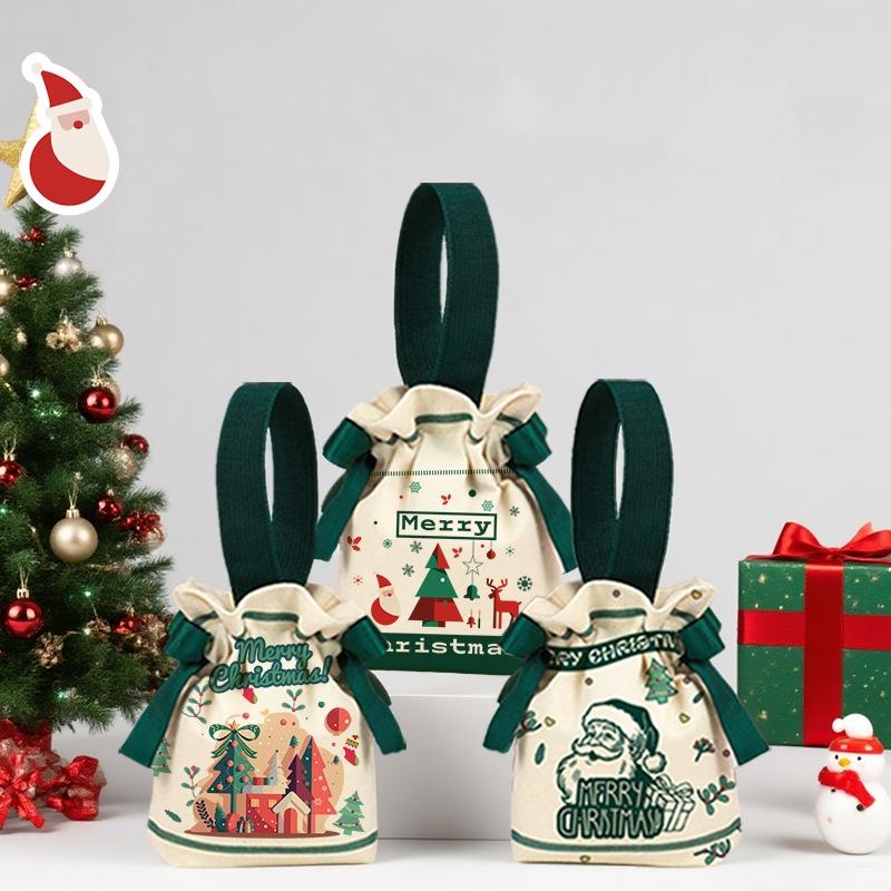 Christmas Candy Canvas Bag Children Christmas Eve Party Drawstring Apple Bag Pouch Christmas New Year Gift Packaging Bag