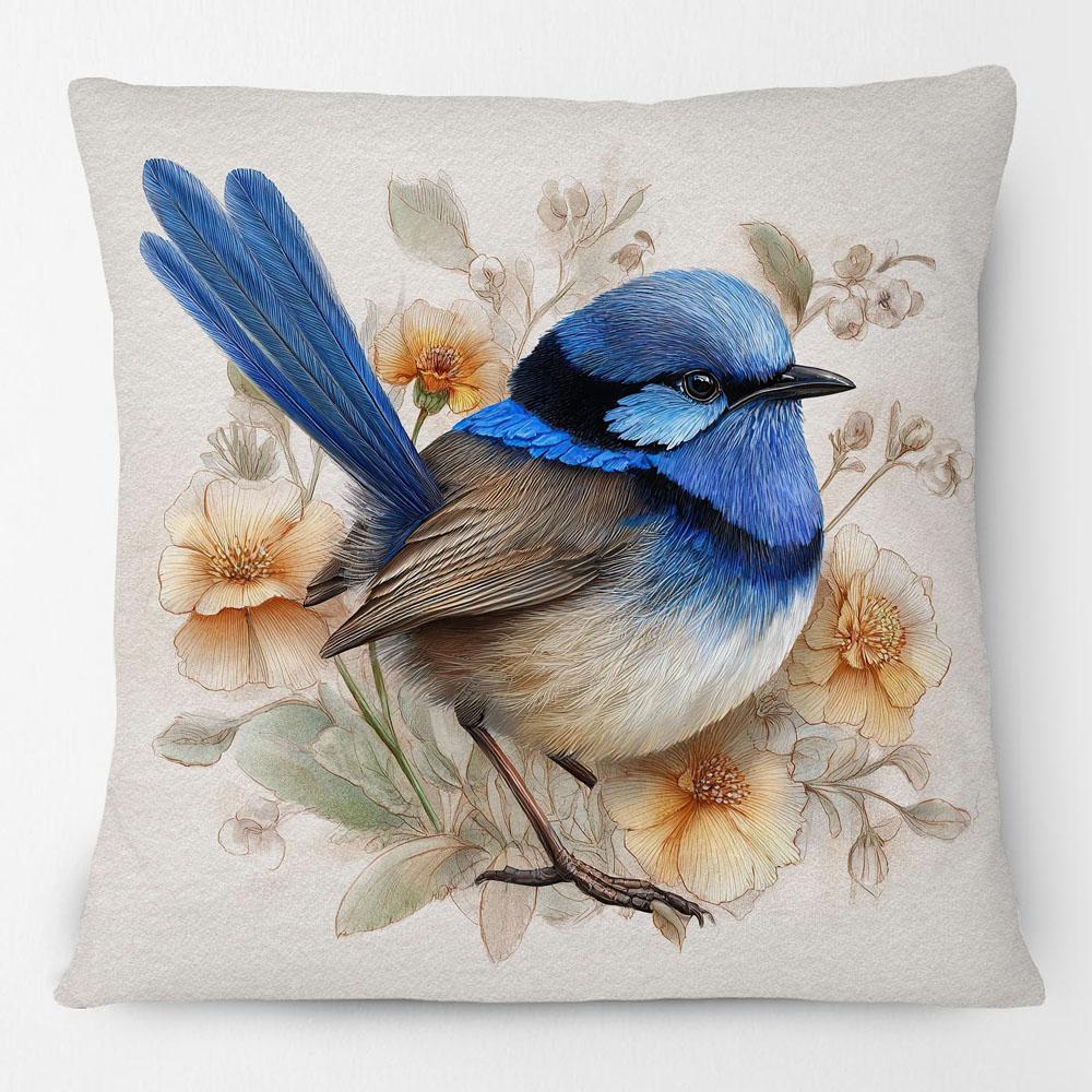 Australian Blue Wren With Flower Cushion Covers Bird Decor Sofa Decorative Pillowcase