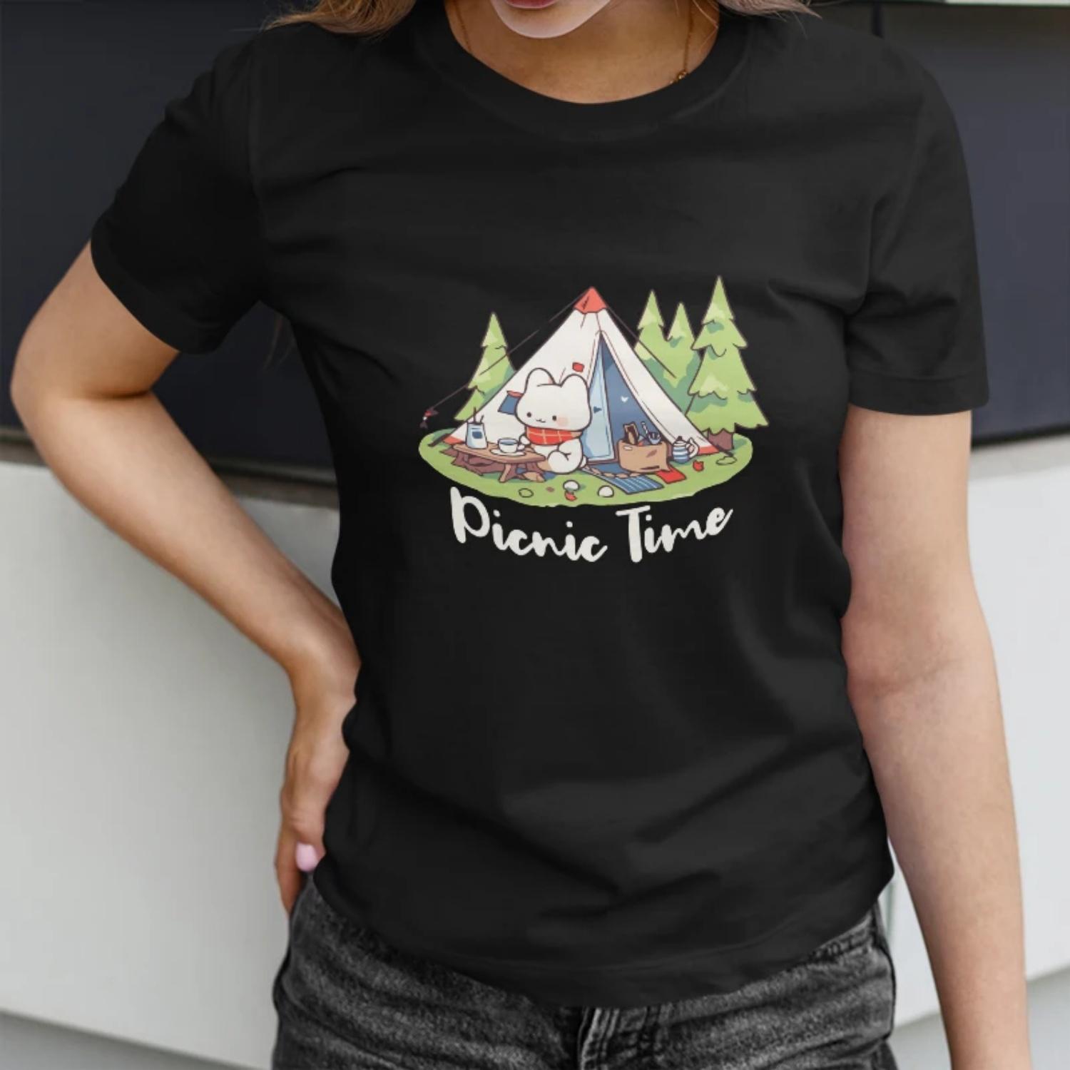 

Cute Camping Bunny T-Shirt for Women Picnic Time Graphic Tee Outdoor Adventure Shirt S чёрный