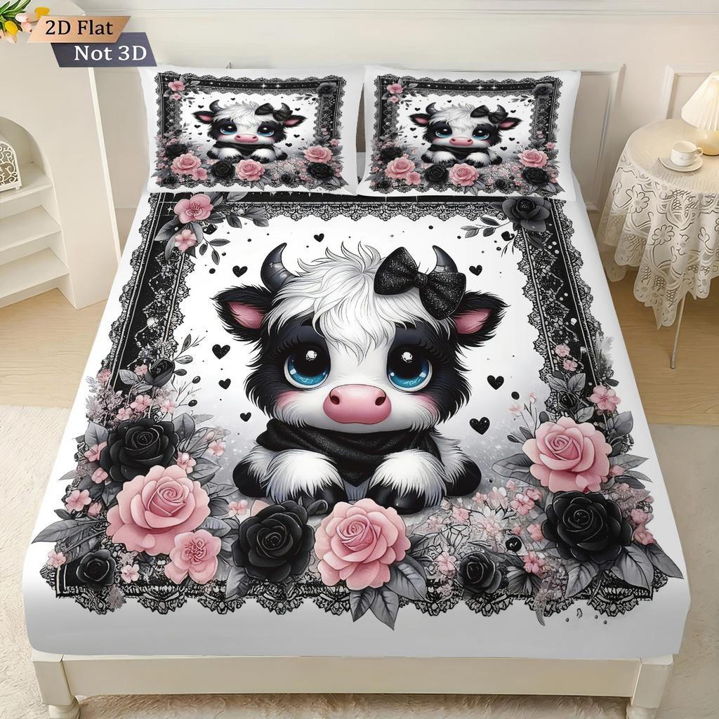 3 Valentine's Day Highland Cow Print Coreless Bed Sheet Set Multi Size Soft Bedcover Bedroom Bedding Decoration Machine Washable
