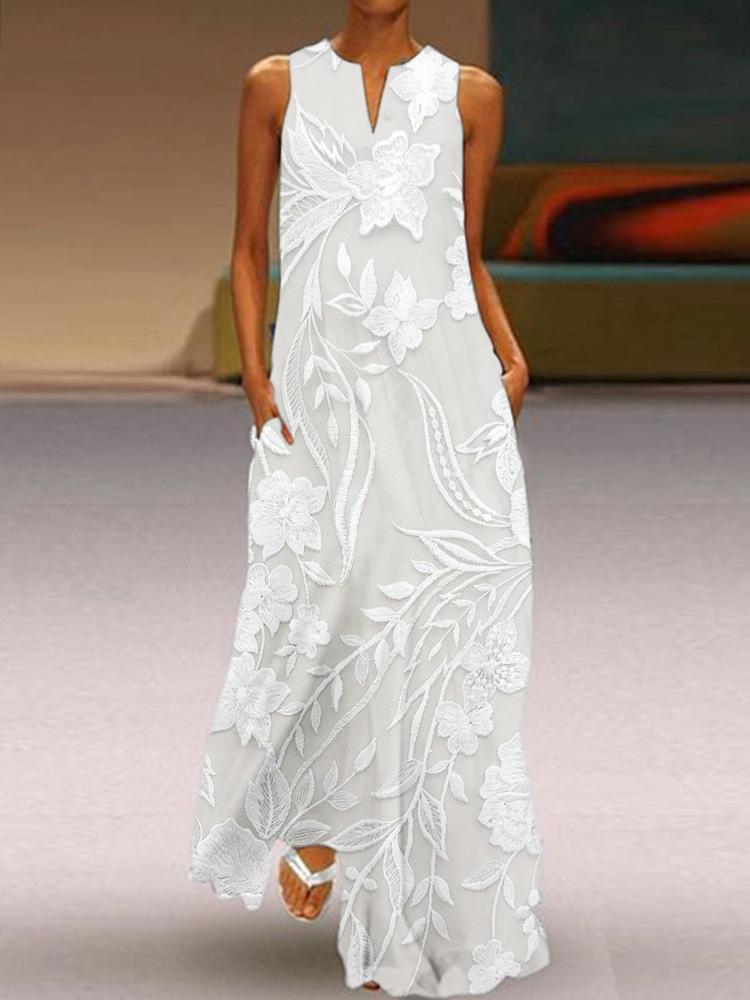 New summer women's D printed sleeveless V-neck dress